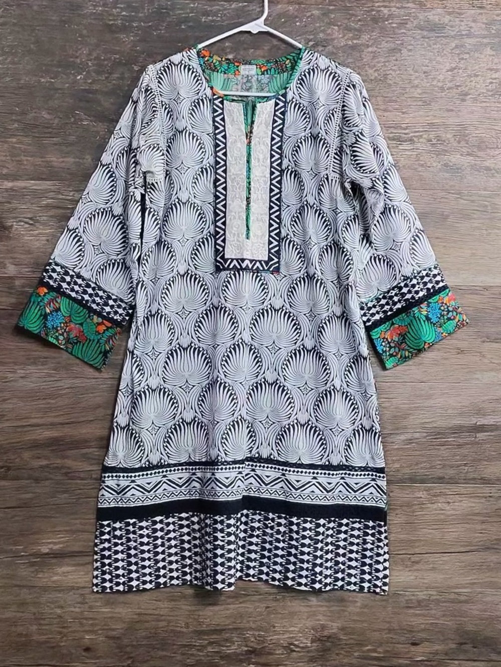 Sapphire Black & White Printed Long Sleeve Tunic Dress with Green Floral Accents